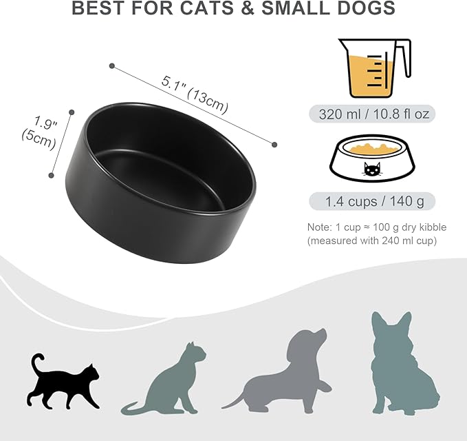 Ceramic Dog Bowl for Food and Water - Pet Feeder Bowl for Small Dogs and Cats - Heavy Ceramic Feeding Dish with Non Slip Base - Dishwasher & Microwave Safe - Set of 2 Bowls - 5Inch/1.4 Cups - Black