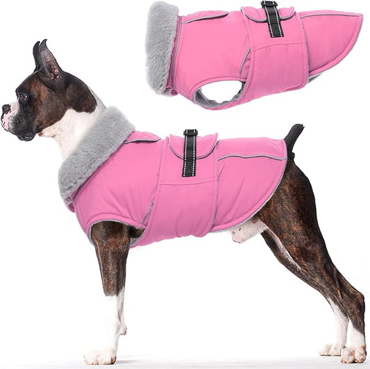 Lelepet Warm Dog Coats for Large Dogs Waterproof Dog Winter Jacket Reflective Pet Fleece Vest Windproof Cold Weather Coats with Adjustable Buckle & Leash Hole, Pink, XL