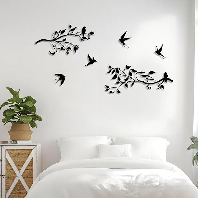 Harikikochuu 4PCS Metal Birds Wall Art Decor, Birds on the Branch Metal Silhouette Art, Black Leaves with Bird Outdoor Hanging Wall Sculpture for Home Office Balcony Garden Decor.（Swallow）