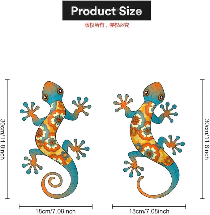 Gecko Outdoor Wall Decor, 2 Pcs 11.8 inch Metal Gecko Wall Hanging Sculpture for Indoor Outdoor, Garden Yard Fence Porch Home Tree Decorations, Idea Gifts for Mom Father Friend