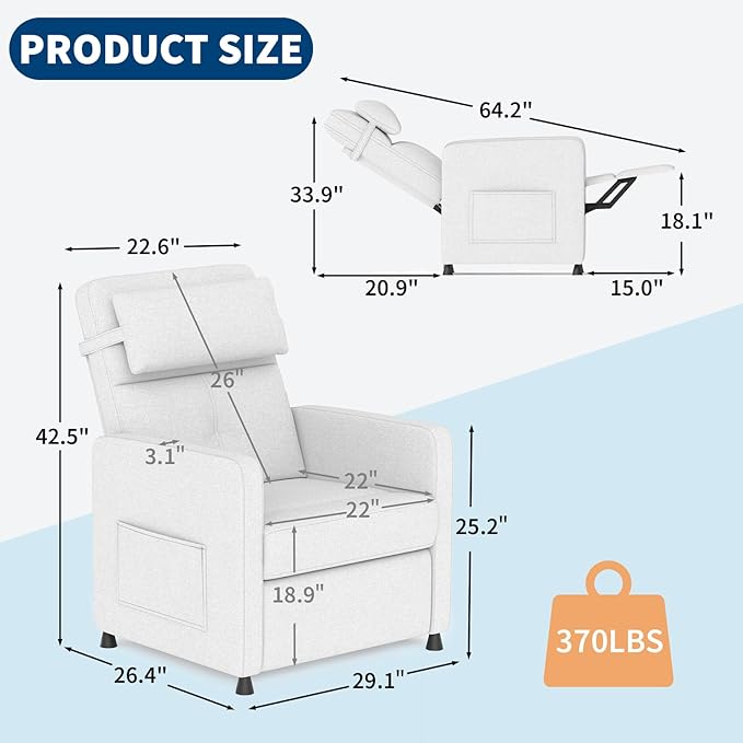 GarveeHome Power Recliner Living Room Lazy Chair Adjustable Electric Reclining Chair Home Theater Seating with Side Pockets & USB Port(White)