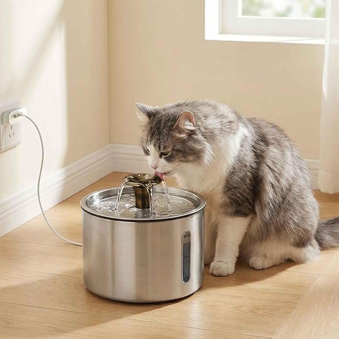 Stainless Steel Cat Water Fountain, 84oz/2.5L Pet Fountain Dog Water Dispenser with Water Level Window for Cats/Dogs Indoor, Flower Style Sprinkler, Silent Automatic USB Wired Dispenser,Filter Sponge