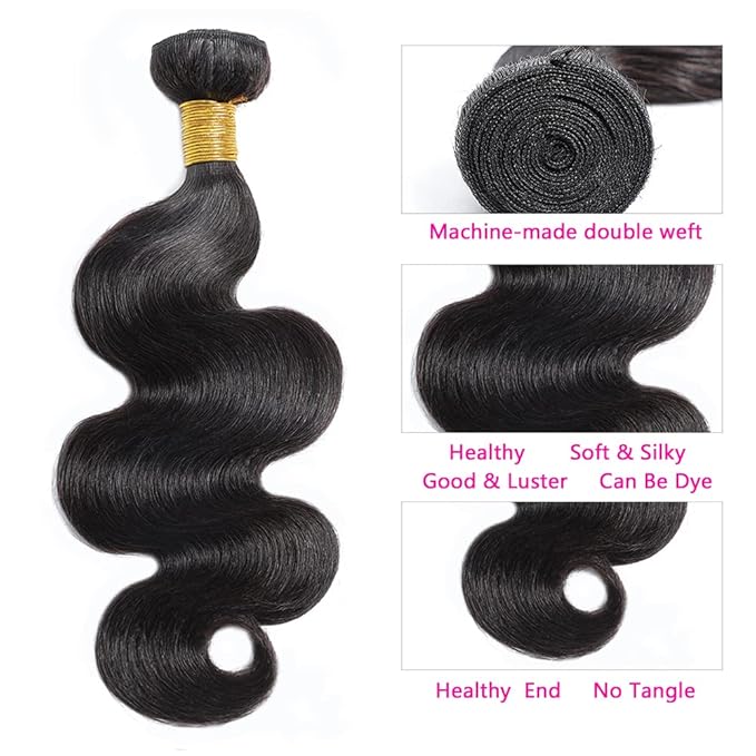Selina Brazilian Body Wave 3 Bundles Human Hair 8 8 8 Inch with Straight Lace Closure 8 Inch Human Hair 100% Unprocessed Virgin Hair Natural Black(8 8 8 Bundle + 8" Closure）