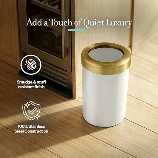 Gatco Small Bathroom Trash Can with Lid, Round 3 Gallon Stainless Steel Wastebasket, Under Sink, Matte Pearl and Brushed Brass, for Bathroom, Bedroom, Office (1931B)