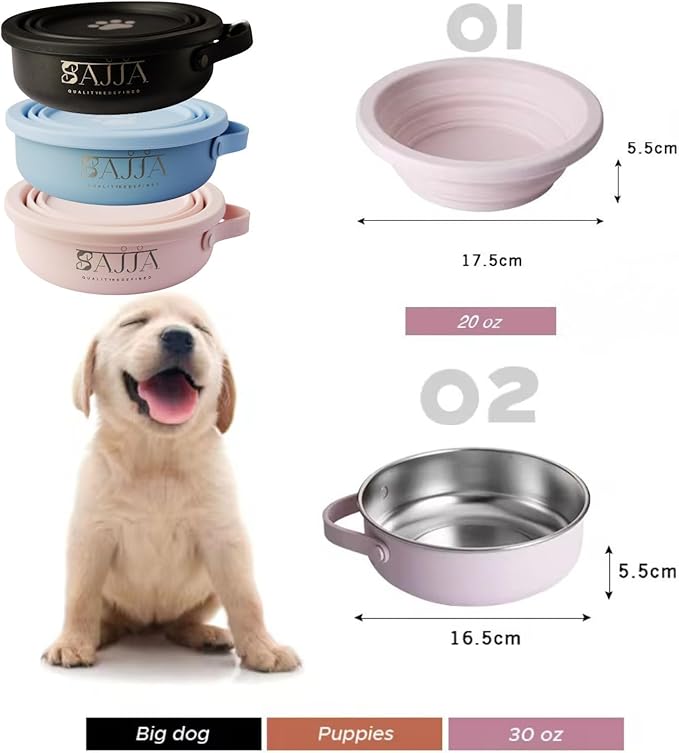 3-in-1 Travel Dog Bowl Set – 30 OZ Stainless Steel + 20 OZ Collapsible Water Bowl Lid | BPA-Free, Anti-Slip, Portable Dog Bowl w/Handle/Water Bottle Holder with Carabiner | Blue Bowls