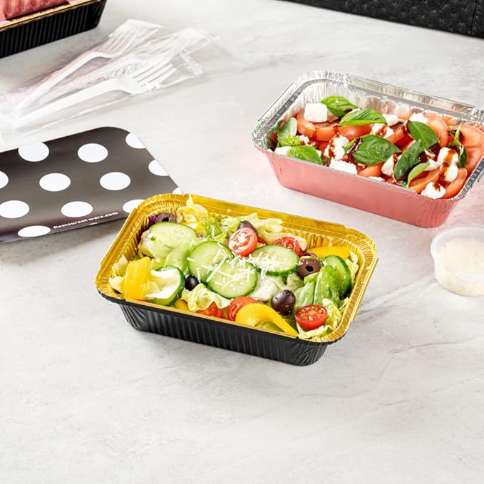 Restaurantware 16 Ounce Disposable Takeout Containers 50 Rectangle Food Containers - With Polka Dot Lids Black And Gold Takeaway Containers Aluminum Delivery Containers Freezable