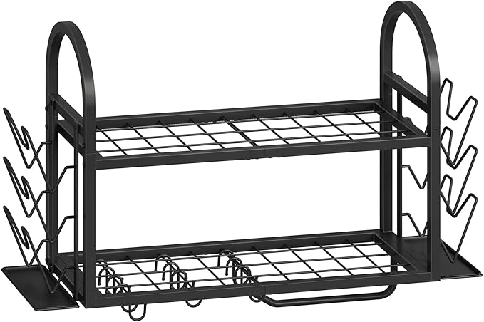 HOOBRO Pot Rack Wall Mounted, 2-Tier Kitchen Pot and Lid Organizer with 6 Lid Holders and 10 Hooks, Wall-Mounted Pot Rack with Towel Bar, for Kitchen Cookware Utensils Storage, Black BB100TL01