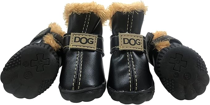 Winter Dog Boots & Paw Protectors: Outdoor Anti-Slip Dog Snow Shoes, Dog Booties Provide Warmth to Dogs Paws from Ice and Snow, Rubber Sole PU Leather Upper Faux Fleece-Lined, Black Dog Shoes Size 8