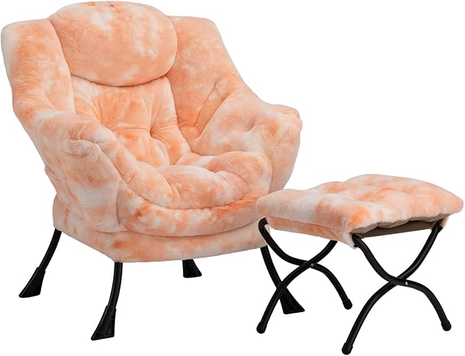 HollyHOME Lazy Chair with Foldable Ottoman, Accent Comfy Lounge Armchair and Folding Footrest Stool, Leisure Sofa Reading Chair and Footstool for Living Room, Bedroom, Dorm,Faux Fur Peach