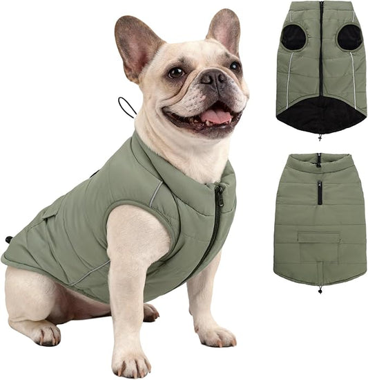 Dog Winter Coat - Waterproof Cold Weather Coat with Thick Padding, Windproof Dog's Snow Jacket with Neck & Tail Drawstrings, Reflective Puppy Jacket - Small Dog Coats, Olive Green M