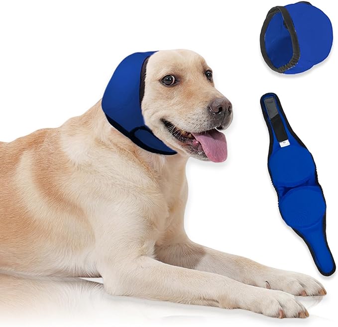 Dog Ear Cover for Hematoma,Bathing,Grooming,Drying,Fashion No Shake Ear Wraps for Dogs Ear Muffs Noise Protection Anxiety Relief,Waterproof Dog Calming Hoodie Shower Cap(Blue,M)