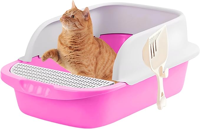 Large Open-Top Cat Litter Box with High Sides, Enclosed Scatter Shield Design, Easy Clean Plastic Litter Pan, Includes Scoop (Pink)
