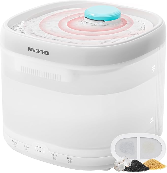 PAWGETHER® Cat Water Fountain with Radar Sensor and Wireless Pump, Ultra Quiet 67oz/2L Automatic Pet Water Fountain for Dogs and Cats with Replacement Filter Dog Water Dispenser