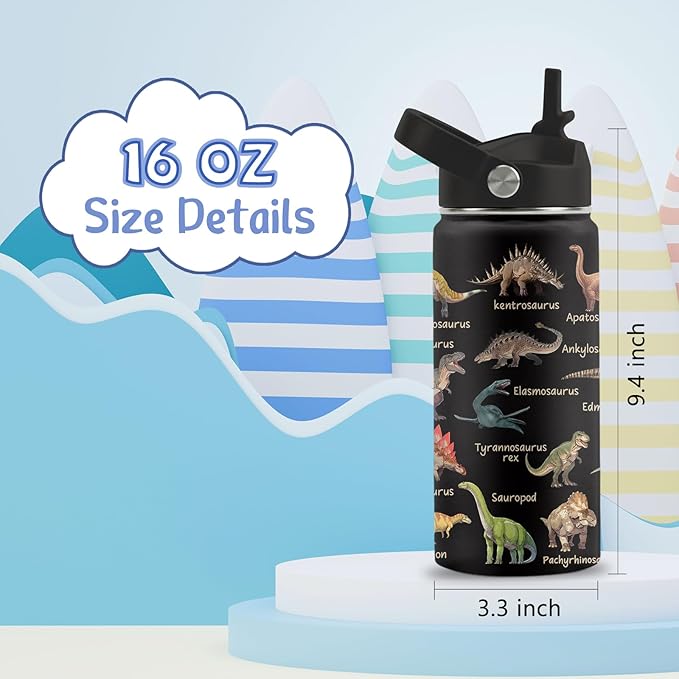 Dinosaur Gifts, 16 oz Water Bottle with Straw Lid, Stainless Steel Insulated Water Bottle for Travel Outdoor, Dinosaur Cup for Dinosaur Lovers (1pcs)