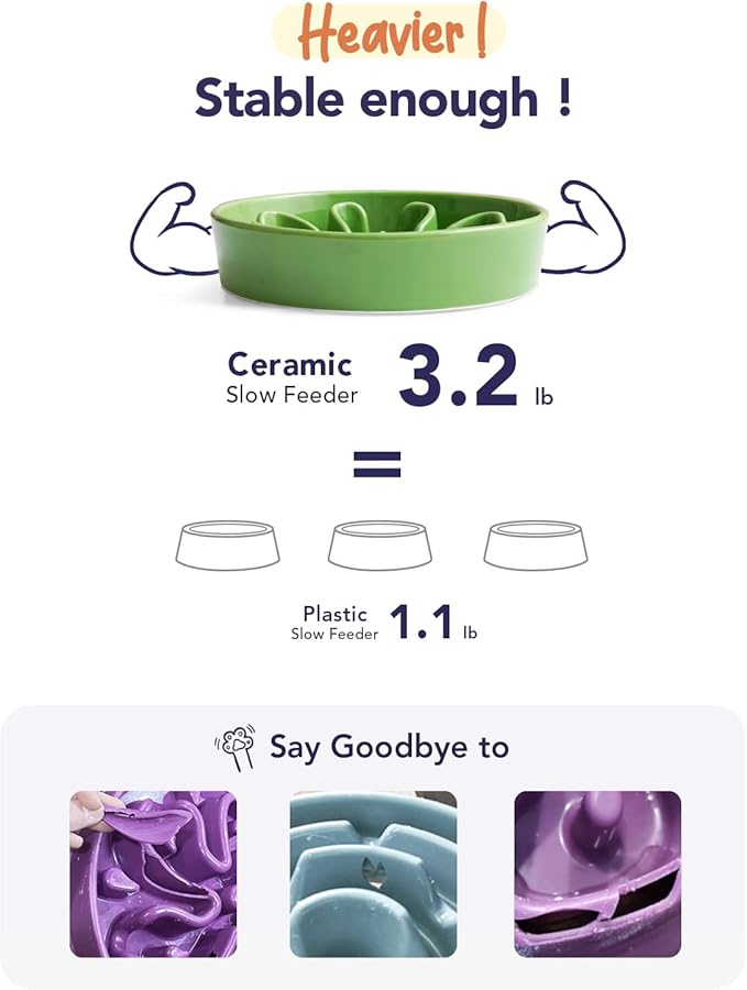 LE TAUCI Ceramic Slow Feeder Raised Dog Bowls with Wooden Stand, Puzzle Feeder, Elevated Dog Dishes to Slow Down Eating, 8 Inch Anti-Gulping Pet Feeding Dishes for Medium Dog