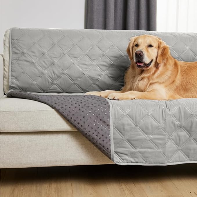 GORILLA GRIP Waterproof Dog Blanket, 82x82 Couch Cover for Dogs Washable, Protects Sofa, Furniture, Crate, Car, RV Essentials Pet Supplies, Tear and Slip Resistant Leakproof Cushion Cover, Light Gray