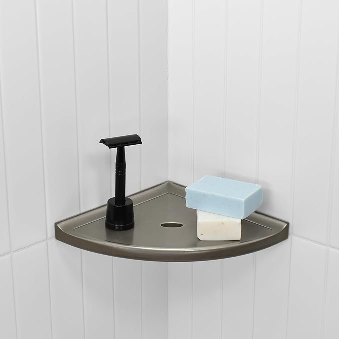 Questech 8" Corner Shower Shelf - Lugged for New Construction, Shower Organizer for Tiled Walls, Corner Caddy Soap Dish Bathroom Storage, Metro Lugged, Brushed Nickel Finish
