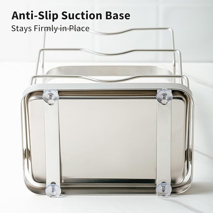 Pot Lid Holder While Cooking, 3 Tier 304 Stainless Steel Pot Lid Organizer with Drip Tray, Kitchen Storage Rack for Stove Top & Countertop, Heavy Duty Lid Holder for Pots and Pans, Silver