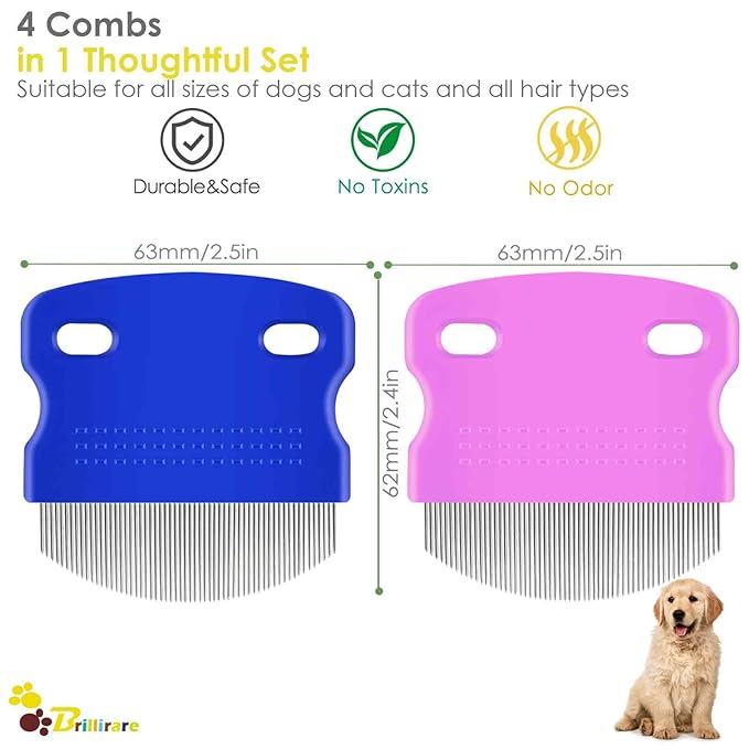 4 Pack Professional Eye Comb, Stainless Steel Pet Tear Stain Remover, Dog Cat Flea Lice Grooming Combs with Gentle Rounded Teeth, Eye Gunk Removal, Dematting Tool for Small, Medium & Large Pets