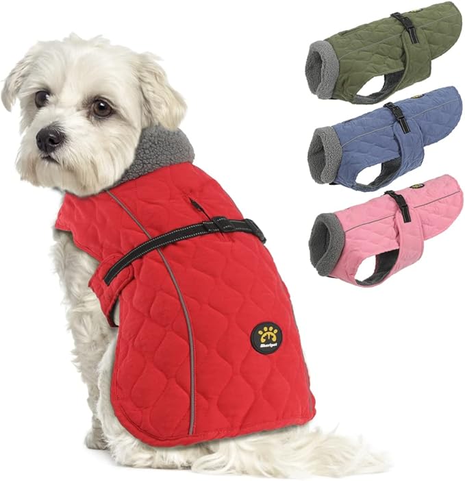 Dog Jackets, Furry Collar Winter Coats for Dogs with Fleece Lining, Water Resistant Reflective Winter Dog Jackets, Adjustable Warm Windproof Pet Coats for Large Dogs, Red L