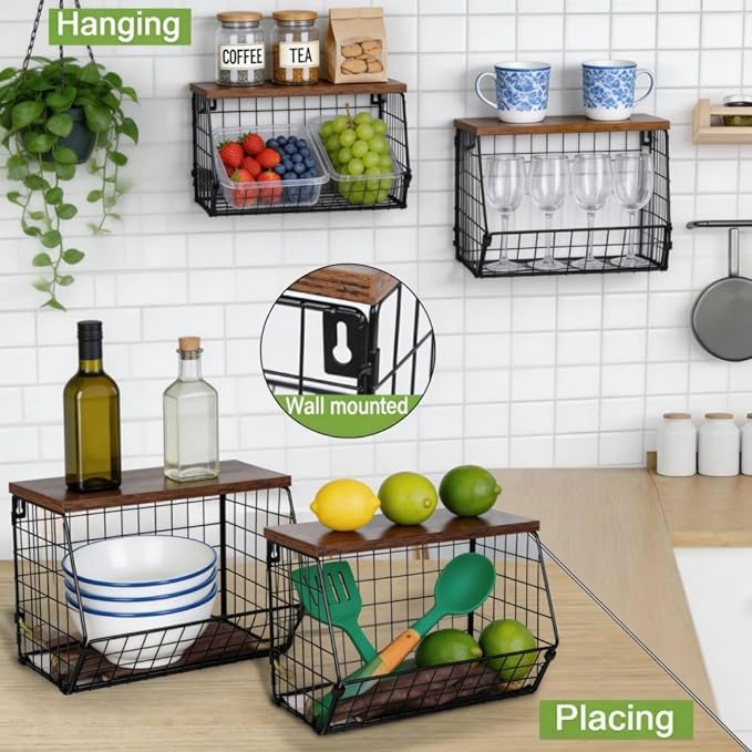 Wall Mounted Fruit Basket with Wood Lid, Hanging Kitchen Storage for Fruits, Vegetables, Potatoes, Onions | Heavy-Duty Carbon Steel & Solid Wood, Black, Space-Saving Countertop Organizer (S)