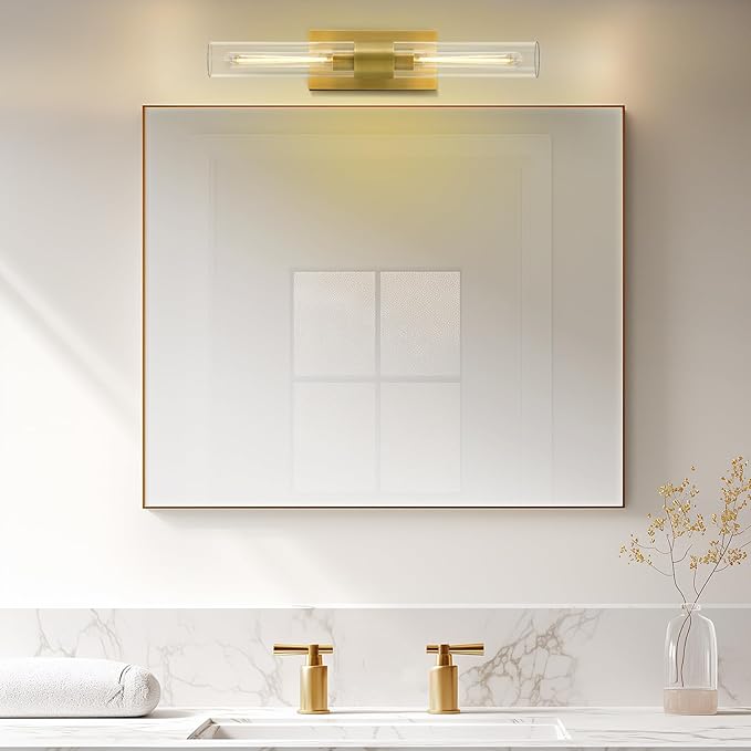Brass Bathroom Vanity Light, 2-Light Bathroom Wall Sconce Over Mirror, 22.8" Gold Vanity Light for Bathroom, Dimmable Vanity Sconce with Glass Tube, Bathroom Linear Sconce for vertical and horizontal