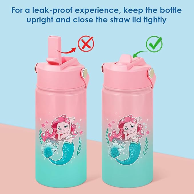 Kid Water Bottle 12oz with Straw Lid - 2-Pack Insulated Stainless Steel Water Bottles for Kids Girls - Travel Cup for Back to School Sports Christmas Birthday (Unicorn & Mermaid)