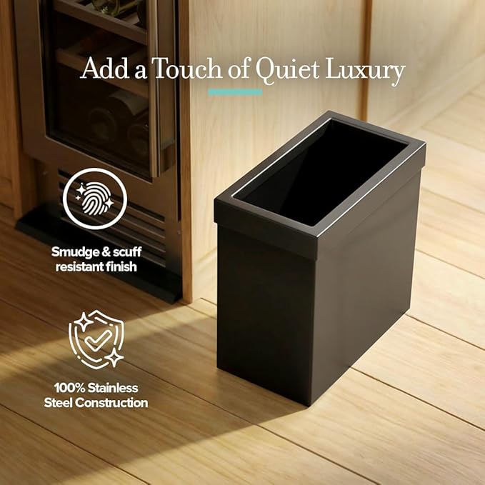 Gatco Small Bathroom Trash Can with Lid, Rectangle 3 Gallon Stainless Steel Wastebasket, Under Sink, Matte Black, for Bathroom, Bedroom, Office (1918)