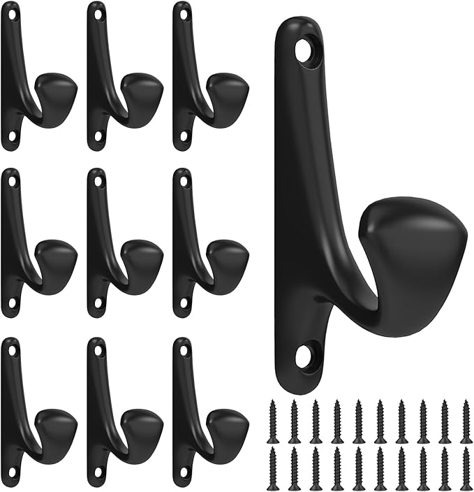 10 Pack Wall Hooks for Hanging, Heavy Duty Metal Coat Hooks Wall Mount, Easy to Install Black Hooks for Entryway, Bathroom, Towels, Robes, Backpacks