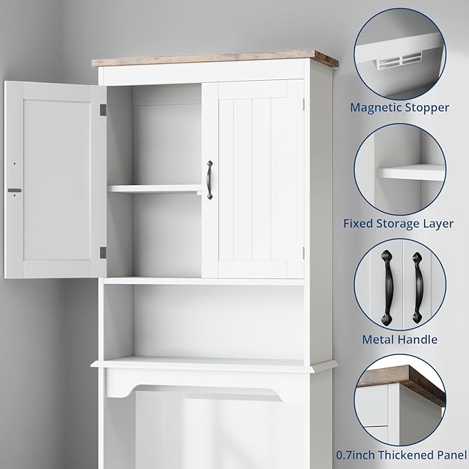 GarveeHome Over The Toilet Storage Cabinet, 66 in H Bathroom Space Saver Organizer with Double Doors & Adjustable Shelves Free Standing Toilet Shelf for Small Bathrooms, Easy Assembly, White