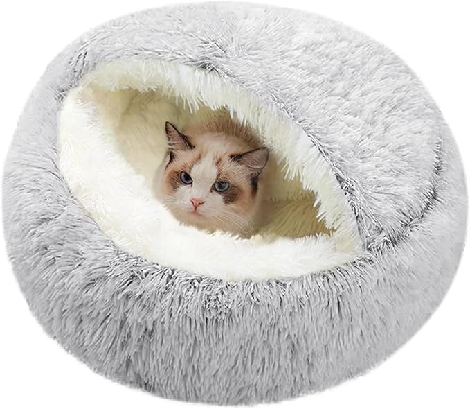 Cat Beds for Indoor Cats,Plush Hooded Cat Cave for Puppy Kitty Small Dog Bed,Removable Washable Non-Slip Bottom Self Warming Round Fluffy Faux Fur Super Soft Calming Sleeping Pet Bed(Gray)