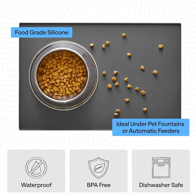 GORILLA GRIP 100% Waterproof Raised Edge BPA Free Silicone Pet Feeding Mat, Dog Cat Food Mats Contain Spills Protects Floors, Placemats for Cats and Dogs Water Bowl, Pets Accessories 28x18 Charcoal