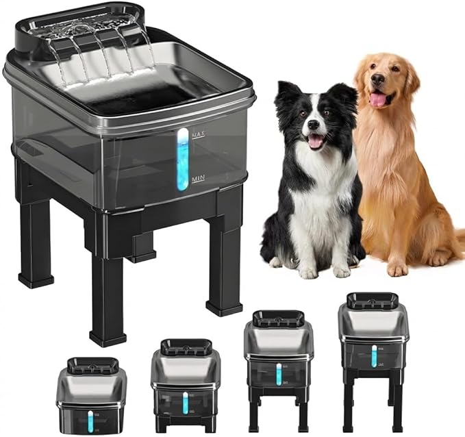 RPZ Dog Water Fountain, 9L Large Capacity Elevated Dog Water Bowl with Filter, 4-Level Adjustable Stainless Steel Water Dispenser for Large Dogs, Quiet Indoor Pet Fountain, No Spill Design