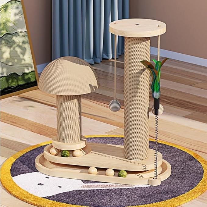 Mushroom Cat Scratcher, Cat Scratching Post for Indoor Cats Adults, Sisal Tall Cats Scratch Post with Hanging Ball and Interactive Wooden Ball
