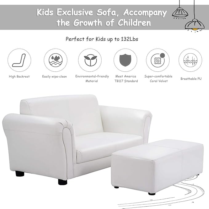 Costzon Kids Couch with Footstool, 2 in 1 Double Seat Children's Sofa w/PU Leather Surface, Armrest Chair Lounge, Soft Sofa for Preschool Bedroom Kids Room Toddlers Boys Girls Birthday (White)