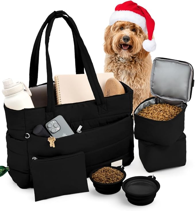 Puffer Dog Travel Bag for Dog Moms – Doggy Diaper Bag with Pet Bowls & Food Storage or Everyday Puffy Tote – Christmas Doggy Mom Gifts for Women – Lightweight, Travel-Ready Gift for Pet Lovers - Black
