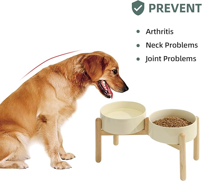 Ceramic 8.2inch Raised Dog Bowl with Stand for Large- Breed Dogs, Pet Food and Water Feeder (Double Bowl with Stand - Light Yellow)