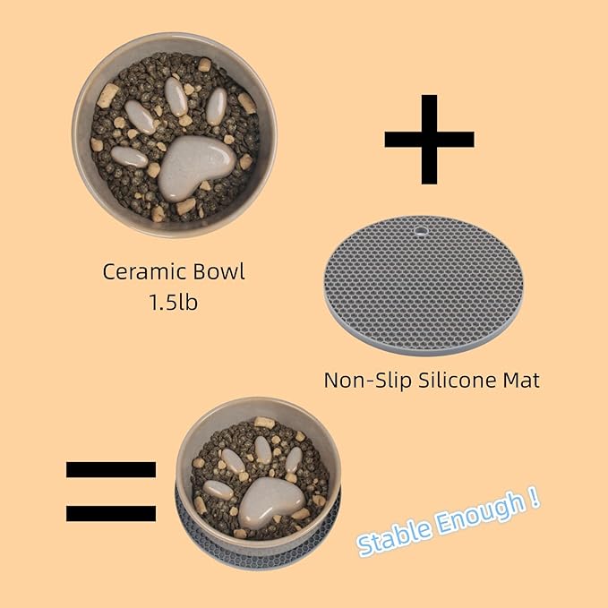 Slow Feeder Dog Bowls，Ceramic Bowl for Cats and Dogs，Dog Bowls，with Non-Slip Silicone Mat，Pet Bowl for Small Dogs and Cats，Slow Down Eating，6.2 inches Grey pet Bowl