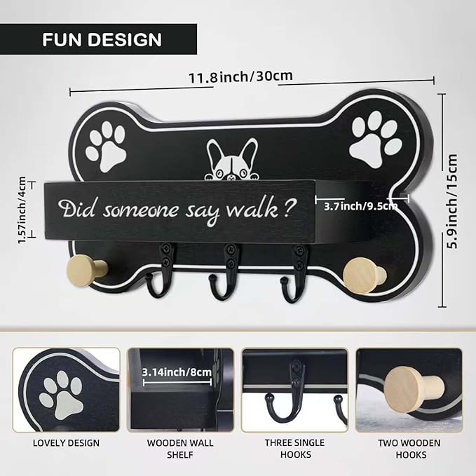 ProotorBone Shape Dog Leash Holder for wall Mount and Storage Organizer, 11.8'' x 5.9'' x 3.7 - Coat Rack with 5 Hooks Cute House Warming Gift for Dog Lovers,Door and Bedroom Decor.