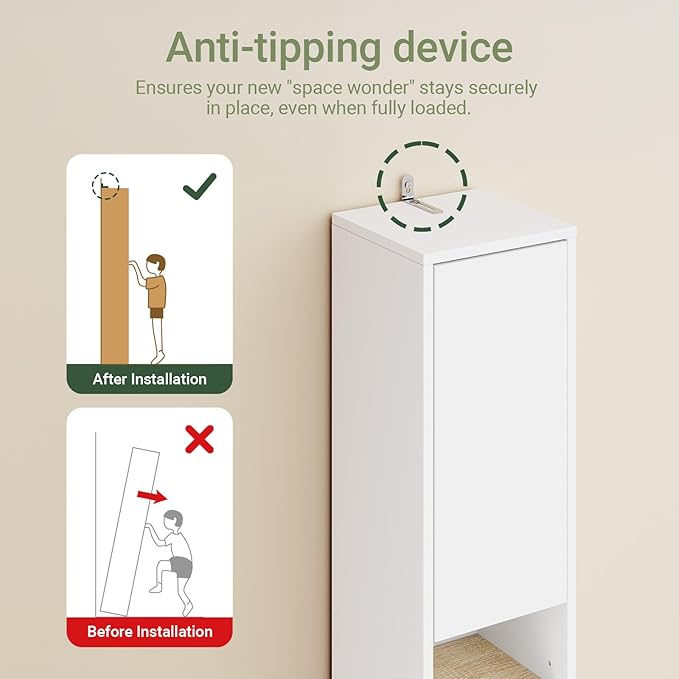 SoBuy Bathroom Narrow Storage Cabinet Skinny Tall Unit with Adjustable Shelves Slender Anti-Tipping Floor Standing Cupboard, White & Natural BZR34-WN