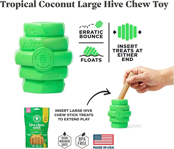 PROJECT HIVE ·PET COMPANY· - Tropical Coconut Scented - Hive Chew Toy for Large Dogs - Dog Chew Toy for Large Breeds - Floats in Water - Durable and Tough - Made in The USA