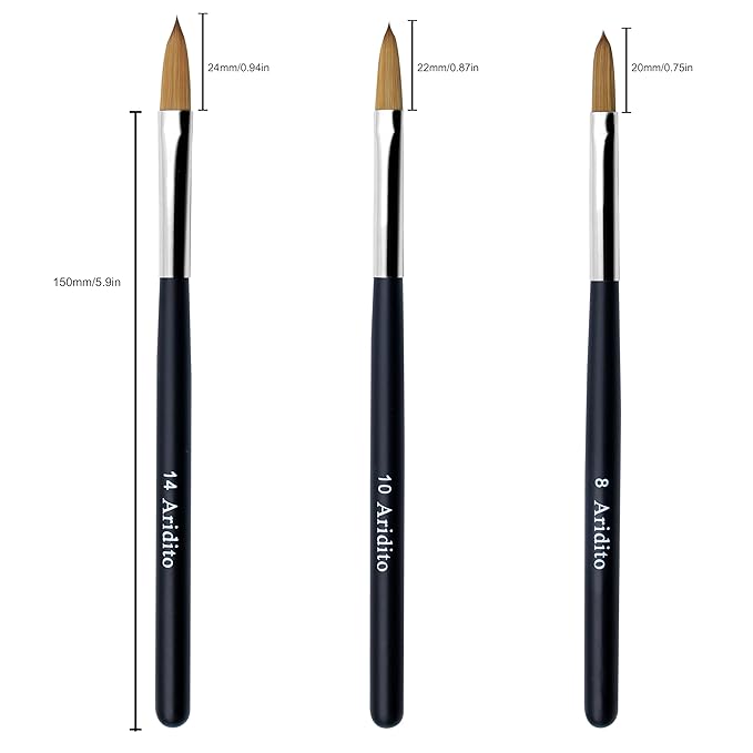 3pcs Acrylic Nail Brush Set | Black Professional-Grade Brushes For Powder, Extensions & Nail Art | Salon & Home Use For Beginner And Professional (Size 8/10/14)