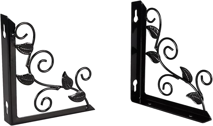 Lavezee Vintage Floating Shelves Set with Metal Vine Leaf Plants Shape for Wall Decor, Black and Rustic Wooden Decorative Wall Shelf for Living Room, Bedroom, Bathroom, 3 Packs