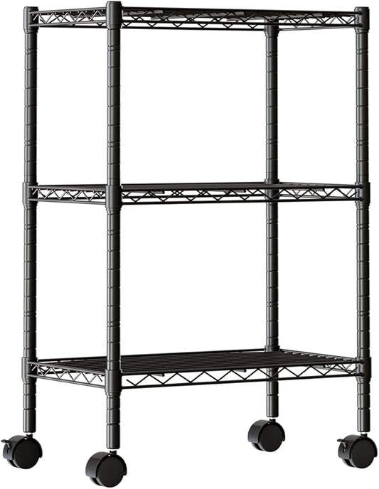 DUMOS 3 Tier Metal Shelving, Heavy Duty Shelves Wire Shelving Unit with Removable Wheel Casters, Shelves Organizer for Bathroom Garage Living Room Kitchen Pantry Laundry Black