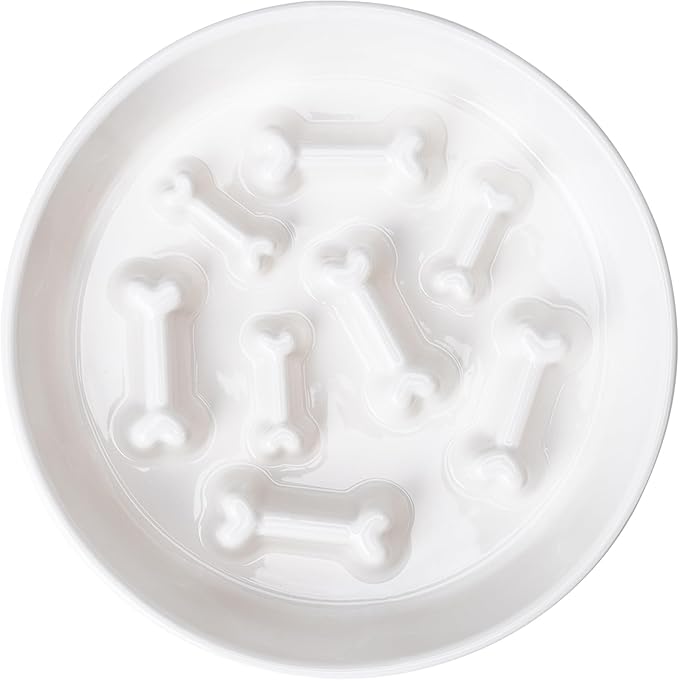 Ceramic Slow Feeder Dog Bowl, 1.5 Cup Dog Food or 20oz Water, Slow Eating Bowl for Small Breed, Maze Puzzle Feeder for Fast Eaters, Anti-Choking Stop Bloat, Non-Slip BPA Free (White Bone)