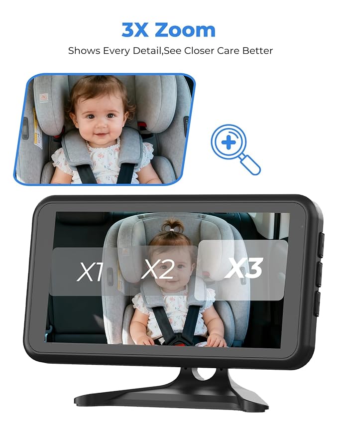 BM2A Baby Car Camera – 3X Zoom to See Baby Clearly, 5.2" 1080P Display & Auto IR Night Vision, Rear-Facing View Monitor, Easy Install for Parents & Pet Owners