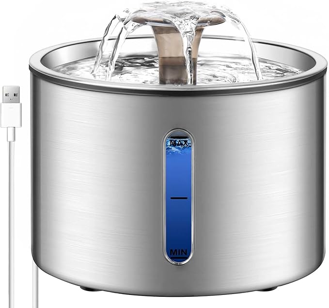 Stainless Steel Cat Water Fountain, 84oz/2.5L Pet Fountain Dog Water Dispenser with Water Level Window for Cats/Dogs Indoor, Flower Style Sprinkler, Silent Automatic USB Wired Dispenser,Filter Sponge