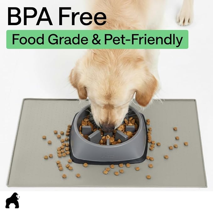 GORILLA GRIP 100% Waterproof Raised Edge BPA Free Silicone Pet Feeding Mat, Dog Cat Food Mats Contain Spills Protects Floors, Placemats for Cats, Dogs Water Bowl, Pets Accessories 32x24 Light Gray