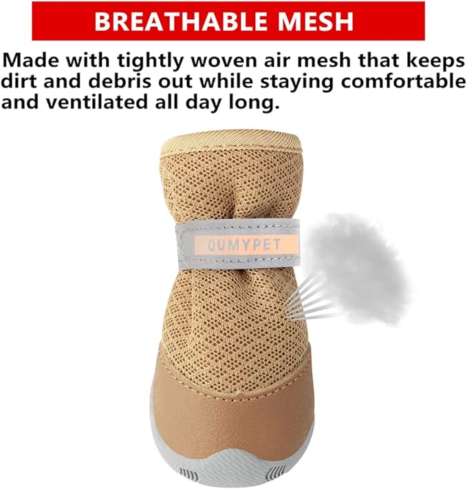 QUMY 4PCS Dog Shoes for Small Dogs, Hot Pavement Summer Puppy Dog Boots & Paw Protectors with Soft Anti-Slip Rubber Sole, Mesh Breathable Dog Booties for Hardfloors, Walking Running Khaki Size 1