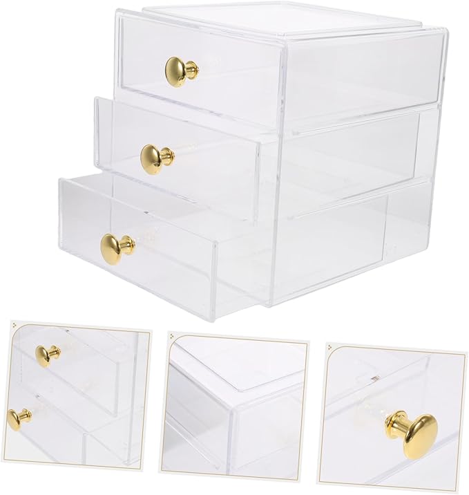 3-Layer Stackable Drawer Organizer Storage Box Gold Handles Acrylic Makeup and Jewelry Display Case for Desktop Bathroom and Vanity